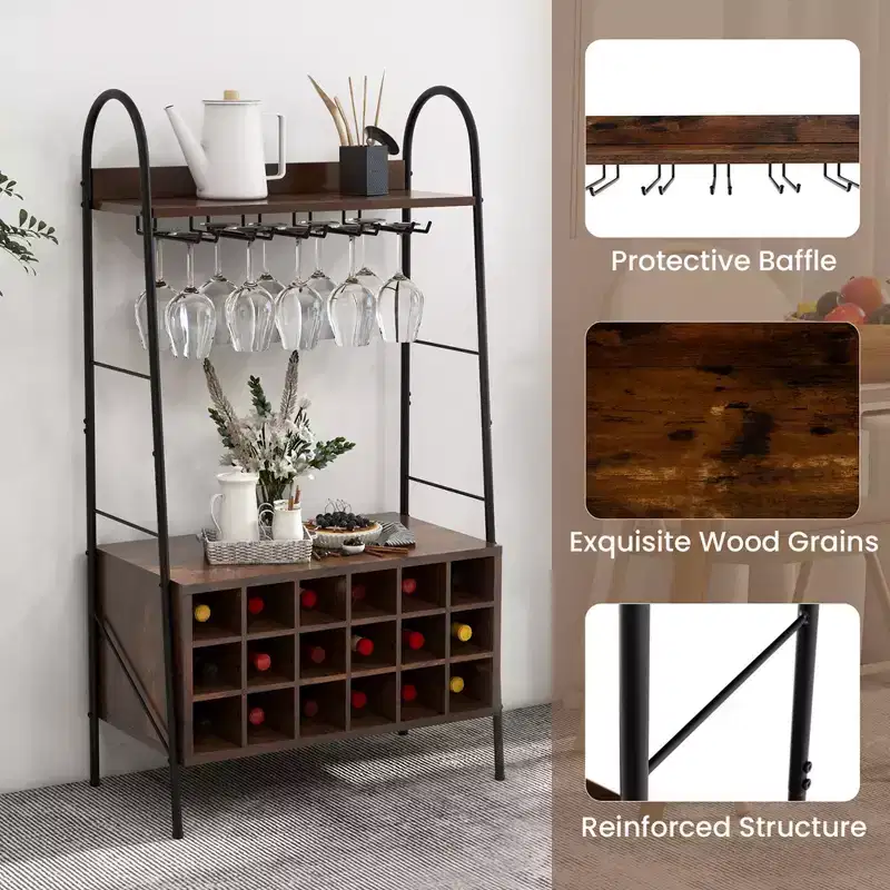 Costway Industrial Rack Freestanding Bottle Holder with Stemware Holder & Open Shelves