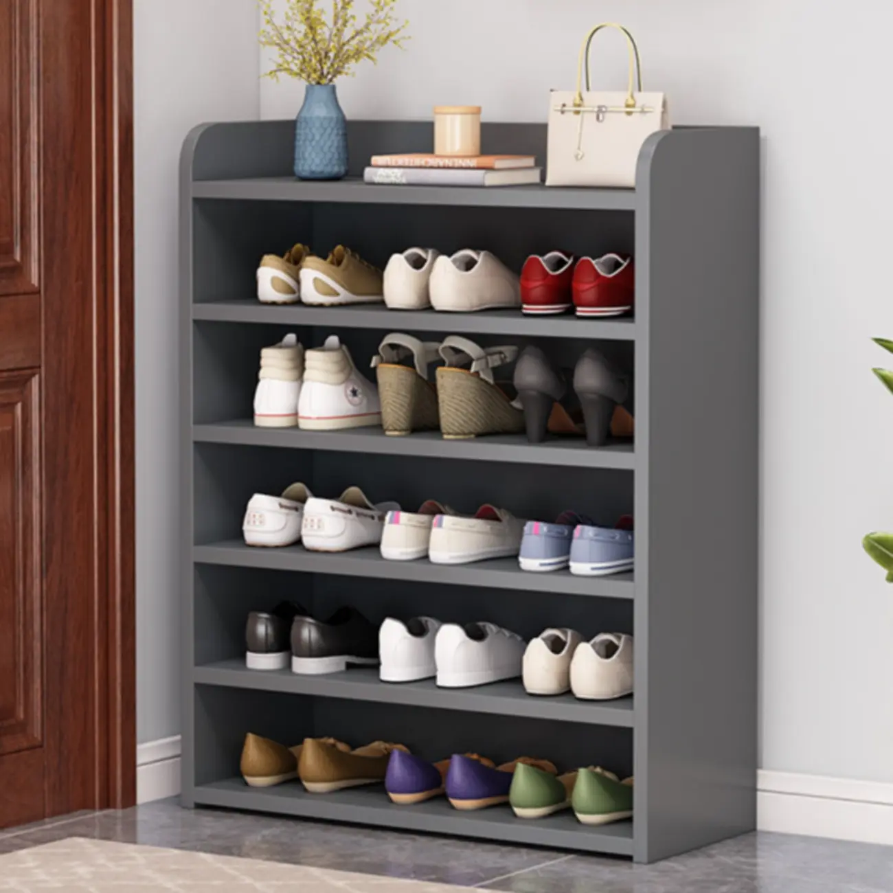 Vertical White Wooden Hallway 6-Tier Open Shoe Rack