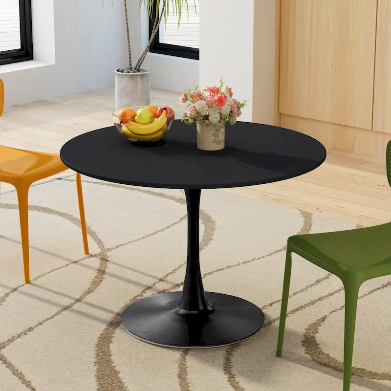 Round Dining Table with Metal Base – White Marble / Black Marble / Oak+Black / Black / White / Natural+White, Seats 2-4