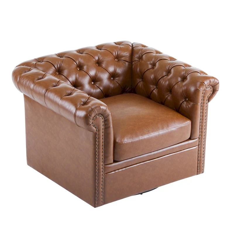 Tufted Swivel Club Chair, Dark Green / Cognac, Single Seat