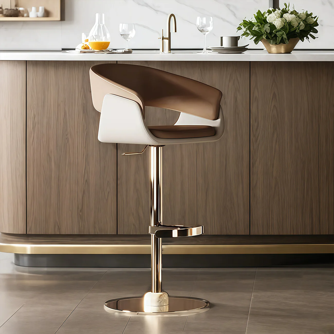 Brown Swivel Genuine Leather Counter Stools with Backs