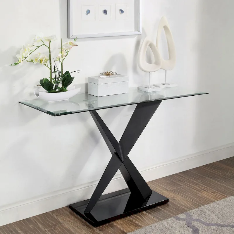 Gar Glam Black X-Base Glass Top Sofa Table by Furniture of America