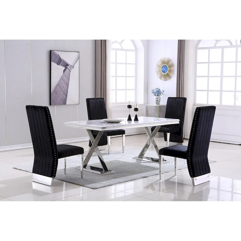 Modern Channel High Back Dining Chairs with Nailhead Trims and Polished Metal Legs