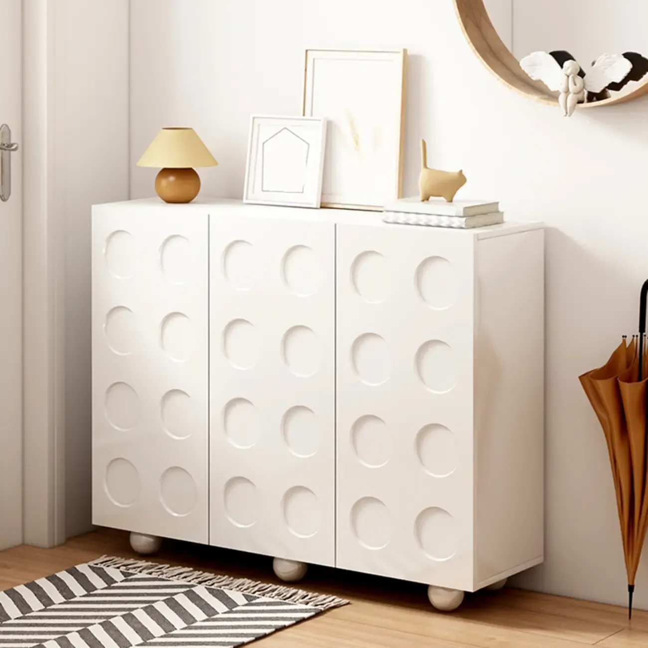 White Wooden 3D Circle Pattern Shoe Cabinet for Entryway