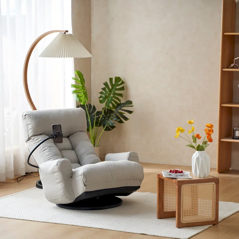 Gray Swivel Recliner with Phone Holder, Adjustable Headrest