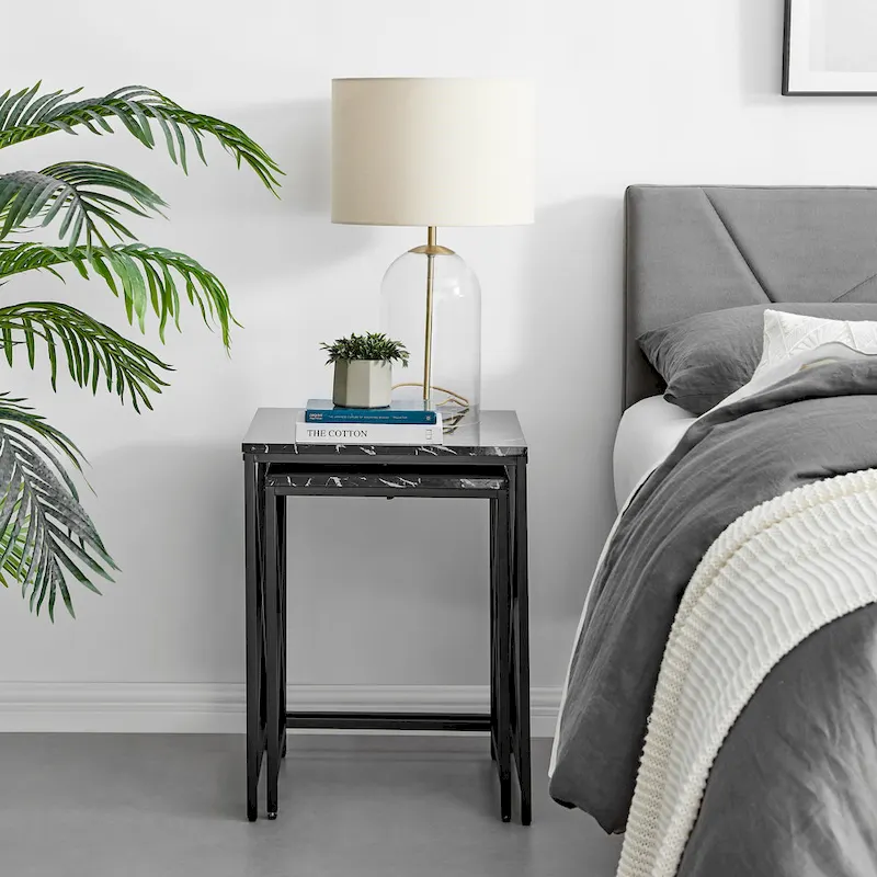 Modern Square Marble Finish Veneer Top Black Metal Frame Nesting End Tables - Set of 2