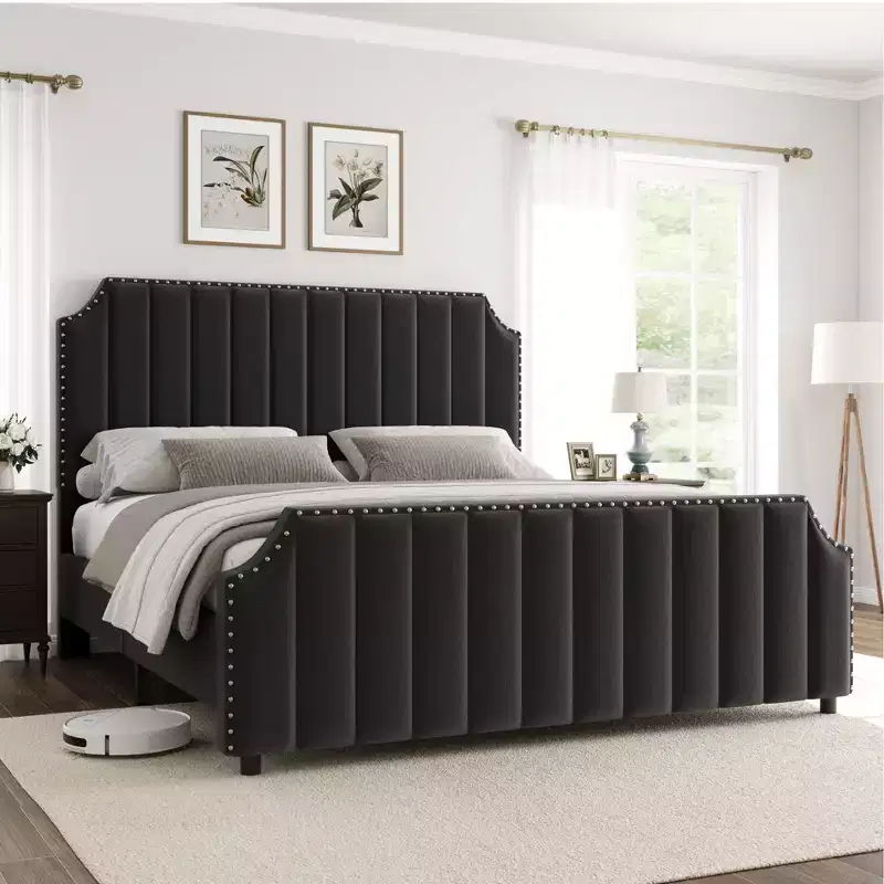 Black Flannel / Light Gray Upholstered Queen Platform Bed Frame with Headboard & Footboard – Sleeps 2
