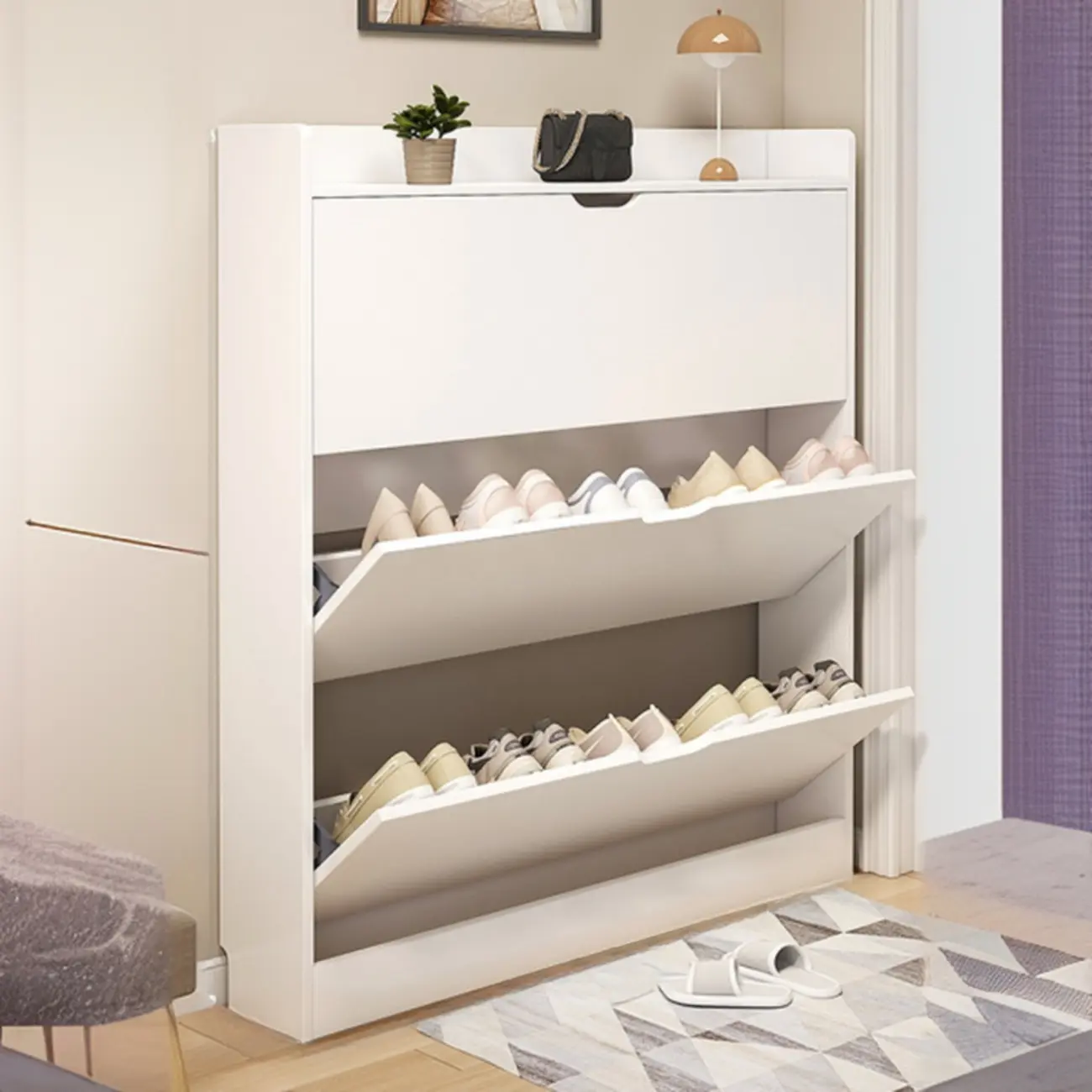 Entryway Modern Wood Shoe Cabinet with Flip-Out Drawer
