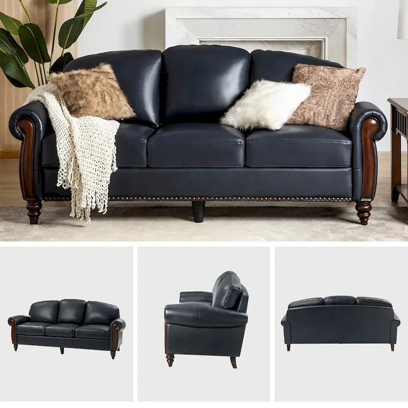 Eduard 84 Traditional Genuine Leather Sofa with Carved Wood Legs by HULALA HOME