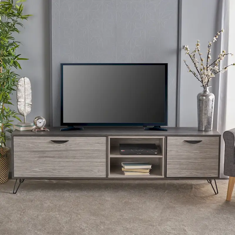 Grey 71.1 TV Stand with Fold-Out Cabinet, Regular Cabinet, and 2 Shelves for TVs Up to 79
