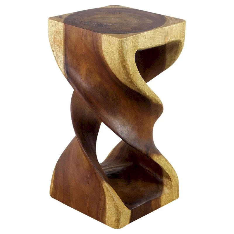 Double Twist Stool/Side Table, Carved Monkey Pod Wood, Natural Oak Oil Finish, 12