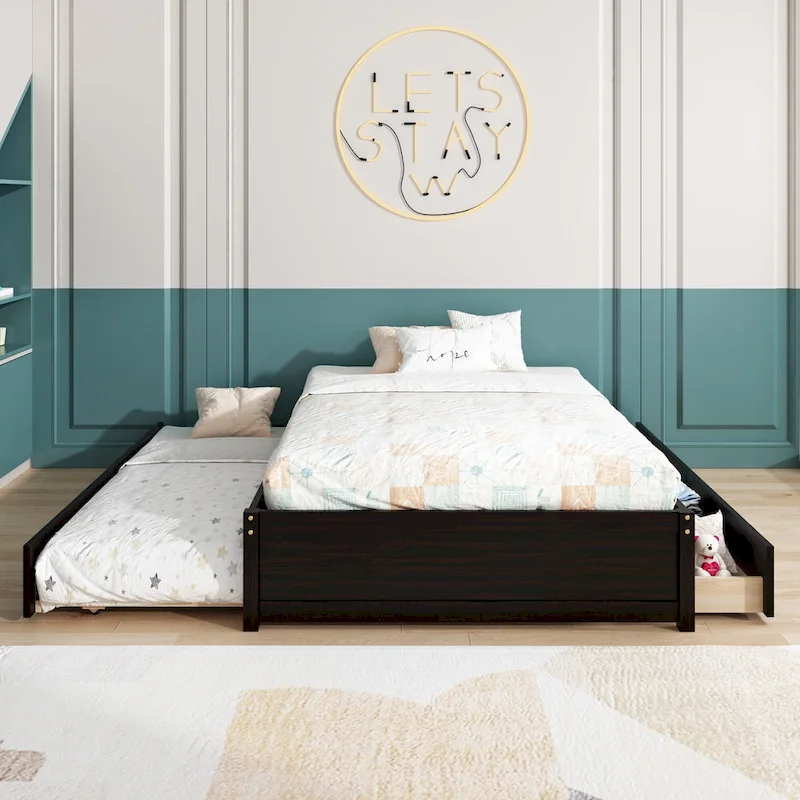 Full Bed Frame With Twin Trundle and 2 Drawers