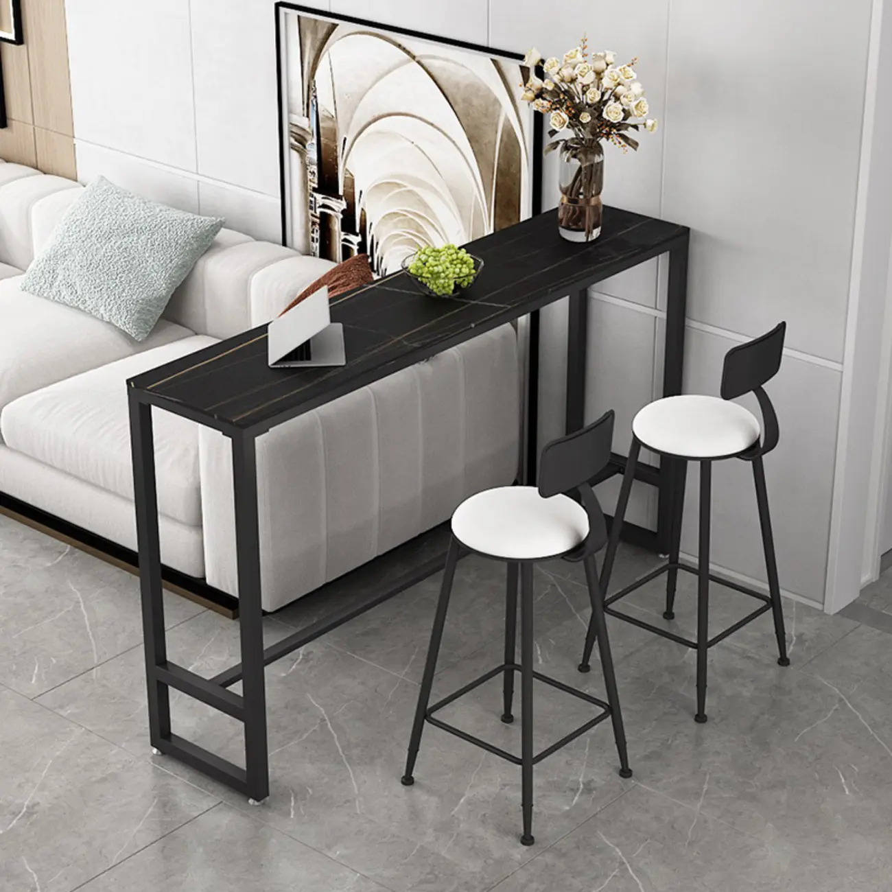 Black Modern Stone Top Trestle Base Bar Table with Footest