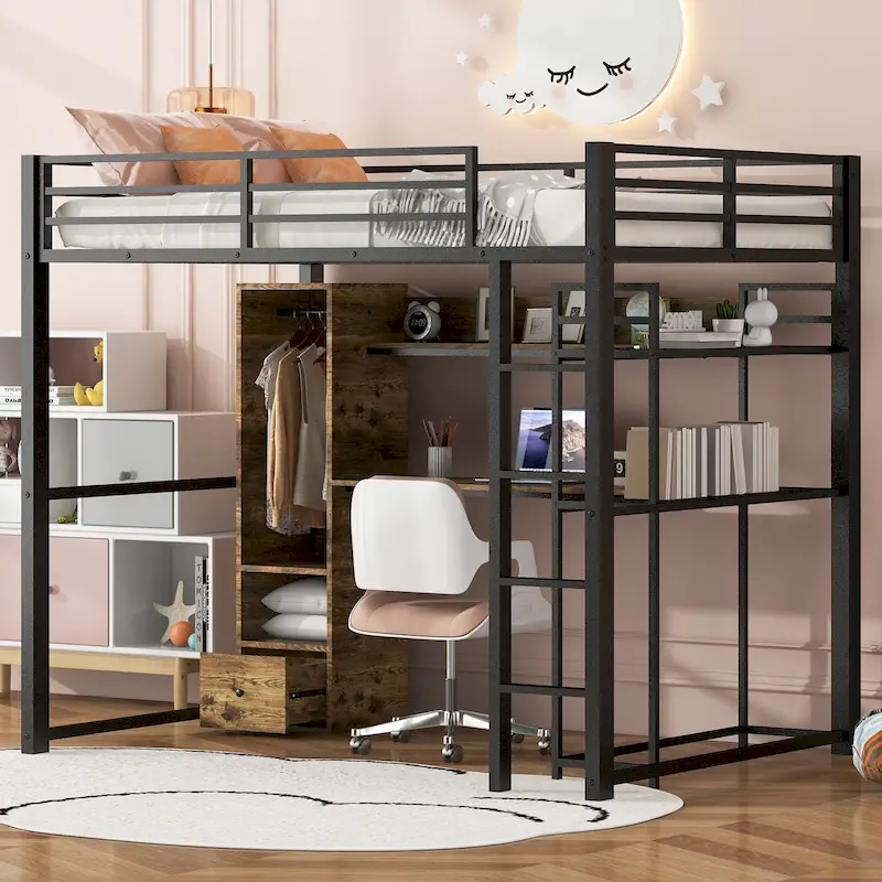 Black Full Size Metal Loft Bed with Built-in Wardrobe and Desk