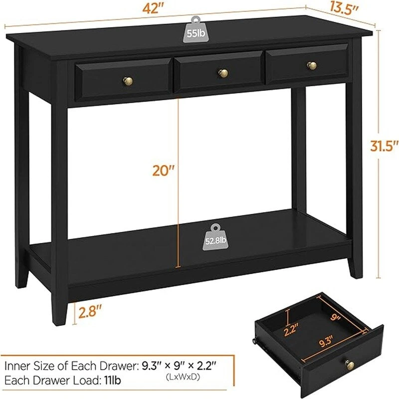 Console Table with 3 Drawers - 13.5D x 42W x 31.5H