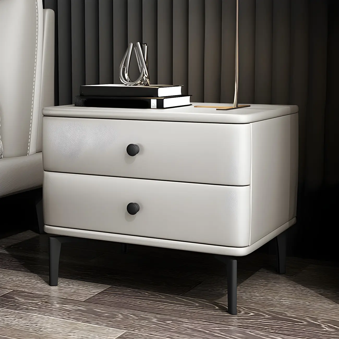 Modern Black Leather Bedside Table with Drawers
