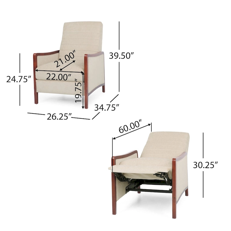 Mid Century Modern Fabric Channel Stitch Wood Pushback Recliner