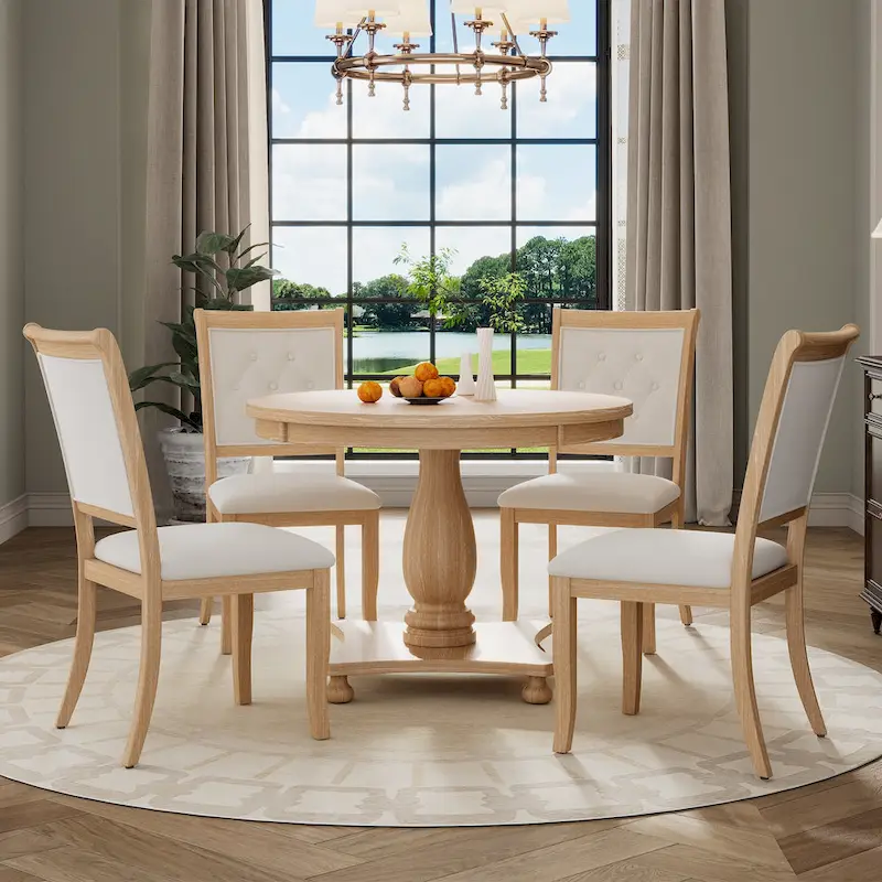 5 Piece Dining Table Set, Solid Wood Kitchen Dining Room Table Set with Round Dining Table and 4 Upholstered Chairs