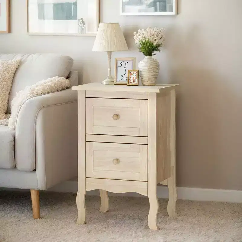 Beige 2-Drawer Rubberwood Nightstand