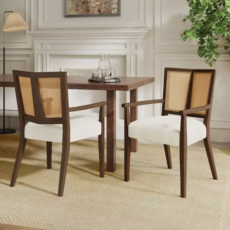 Beige/Dark Brown Upholstered Dining Arm Chairs with Rattan Back, Set of 2