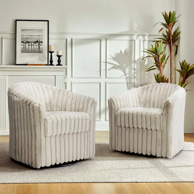 Faux Rabbit Fur Accent Chair 360-degree Swivel Barrel Chairs Set of 2