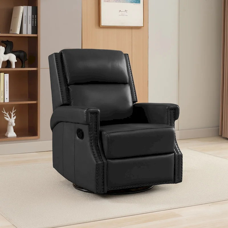 Genuine Leather Manual Rocking Recliner with 360-degree Metal Swivel Base