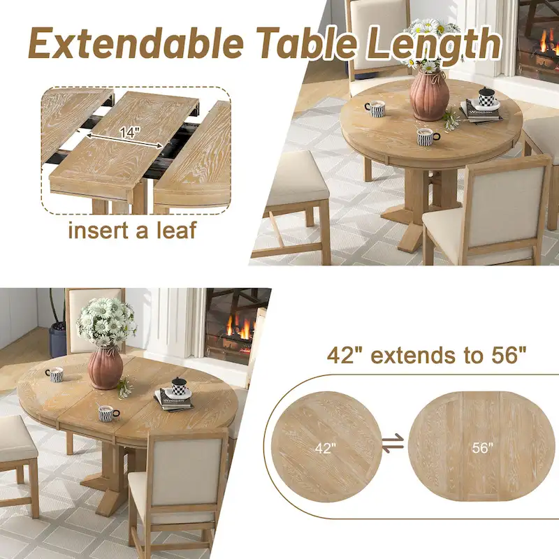5-Piece Wooden Dining Table Set with Extendable Round Table & 4 Chairs