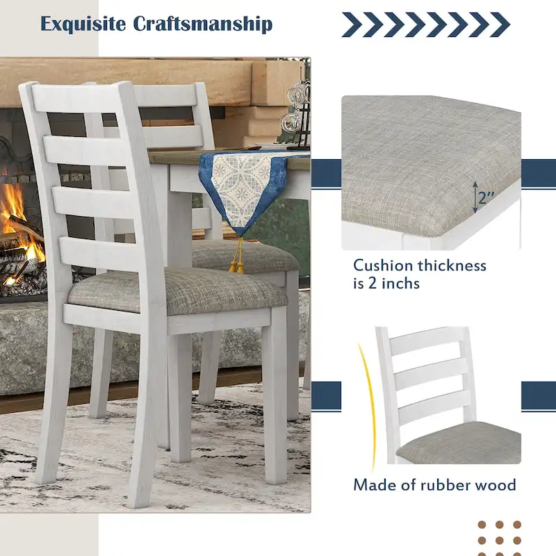 Brown+Whitewash 6-Piece Wooden Dining Table Set with Rectangular Table, 4 Chairs & Bench