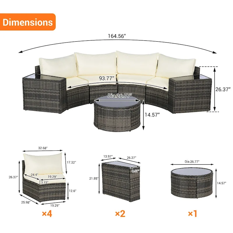 7-Piece Half-Moon Sectional Sofa Set with Glass Table