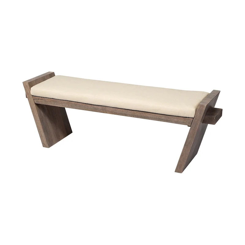 Elaine I Cream Fabric Seat w/ Brown Wood Entryway Bench - 58W x 15D x 20H