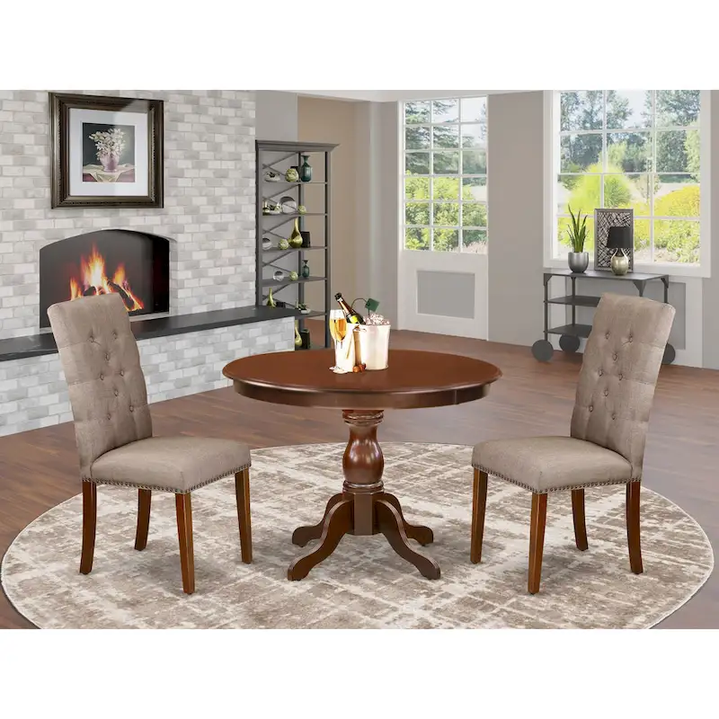 East West Furniture 3 Piece Dining Table Set Contains a Round Dining Table and 2 Linen Fabric Parson Chairs, (Finish Options)