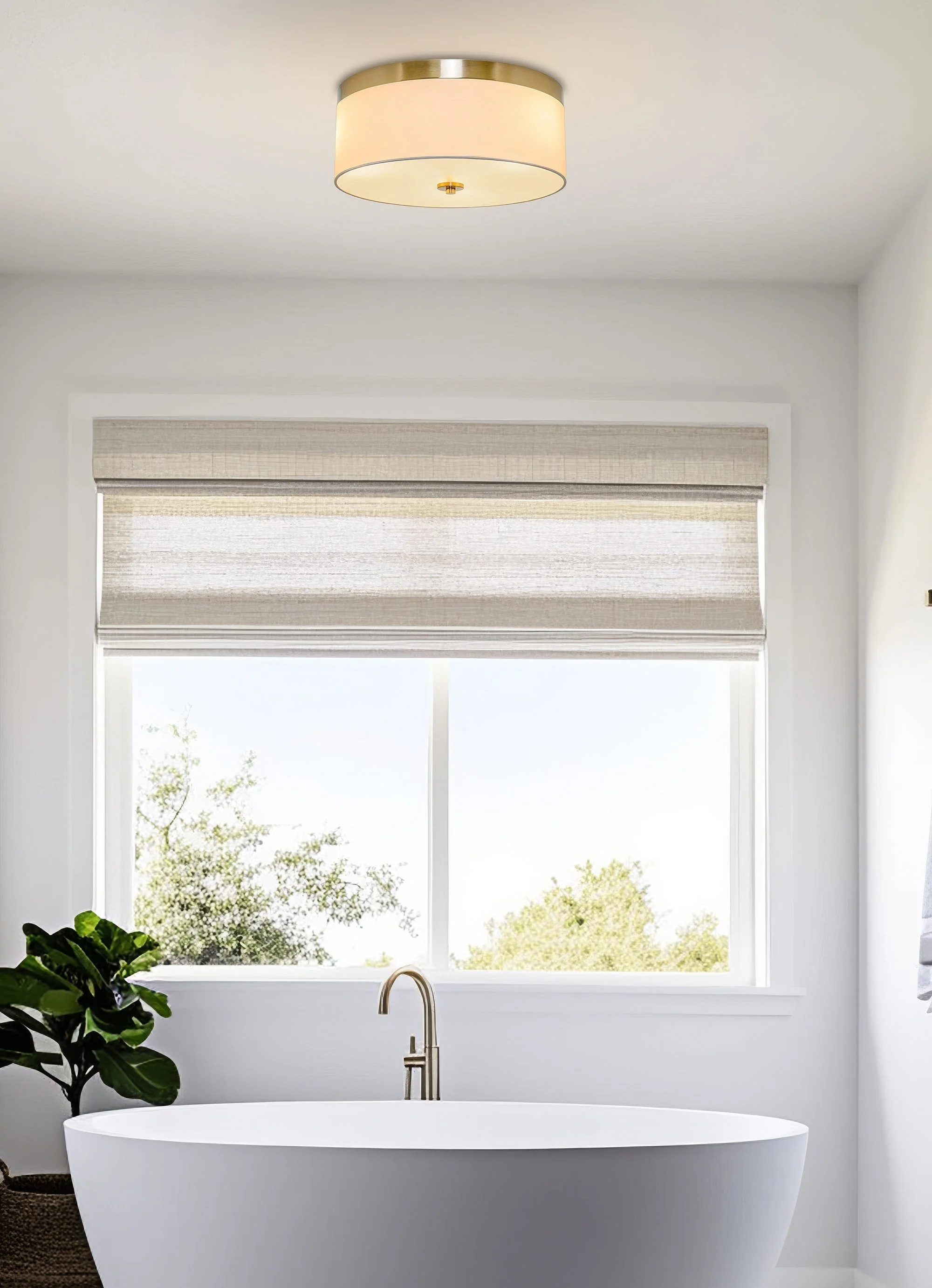 Kira Home Walker 15 Mid-Century Modern 3-Light Flush Mount Ceiling Light, White Fabric Shade + Round Glass Diffuser, Cool Brass Finish