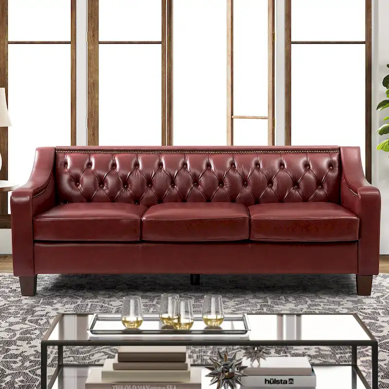 Mateo 82.28 Wide Transitional Genuine Leather Sofa with Nailhead Trim and Button-Tufted Back