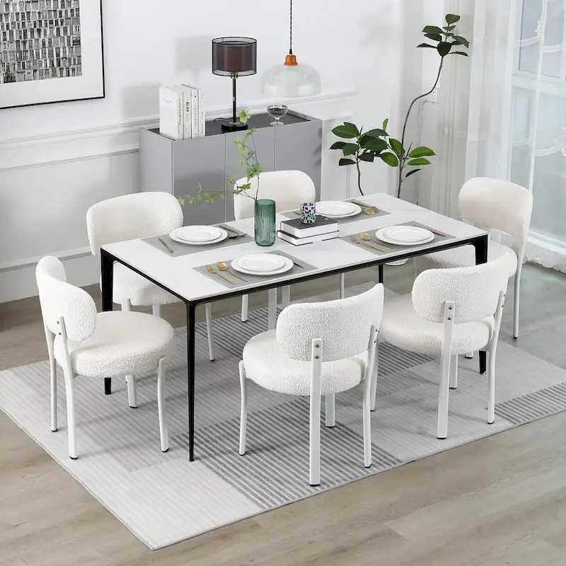 XINMICS Upholstered Modern Boucle Dining Room Chairs with White Metal Legs