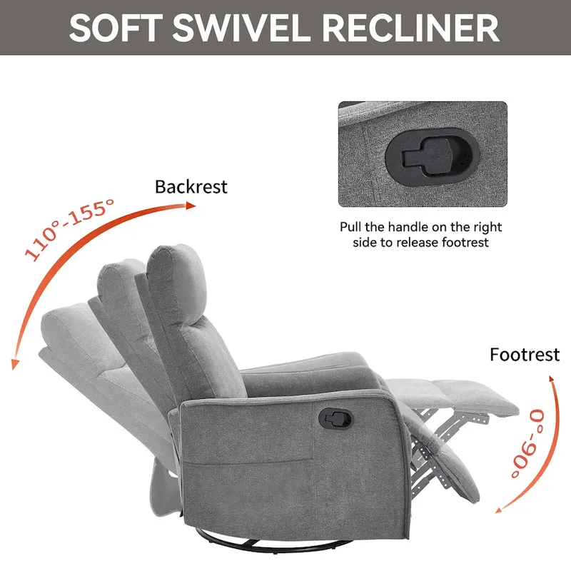 8 Point Massage Manual Recliner Chair Fabric Swivel Rocking Chair Single Sofa Armchair with Rocker and Lumbar Heating