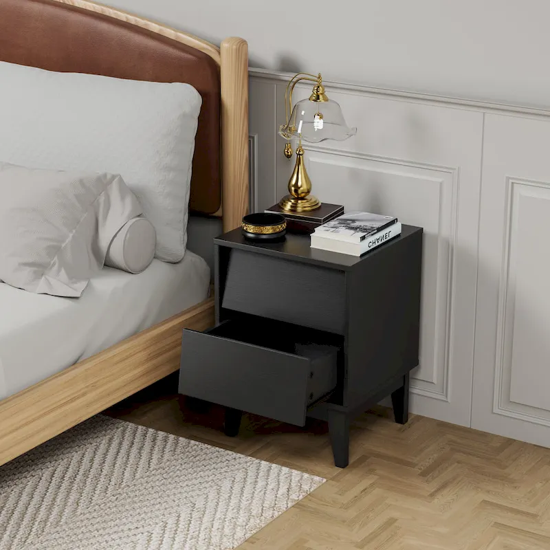 Vintage Nightstand with Bavel Design and 2 Drawers, Set of 2
