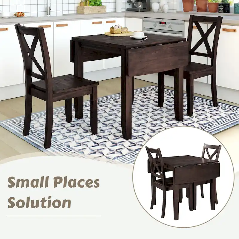 3-Piece Wooden Breakfast Nook Dining Table Set with Drop Leaf Table