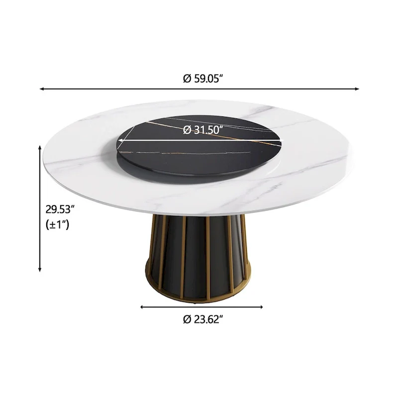 59 White Round Dining Table with Lazy Susan, Sintered Stone Tabletop - N/A