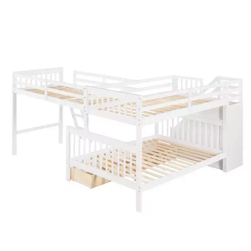 Stylish Design Twin over Full L-Shaped Bunk Bed With 3 Drawers, Ladder and Staircase