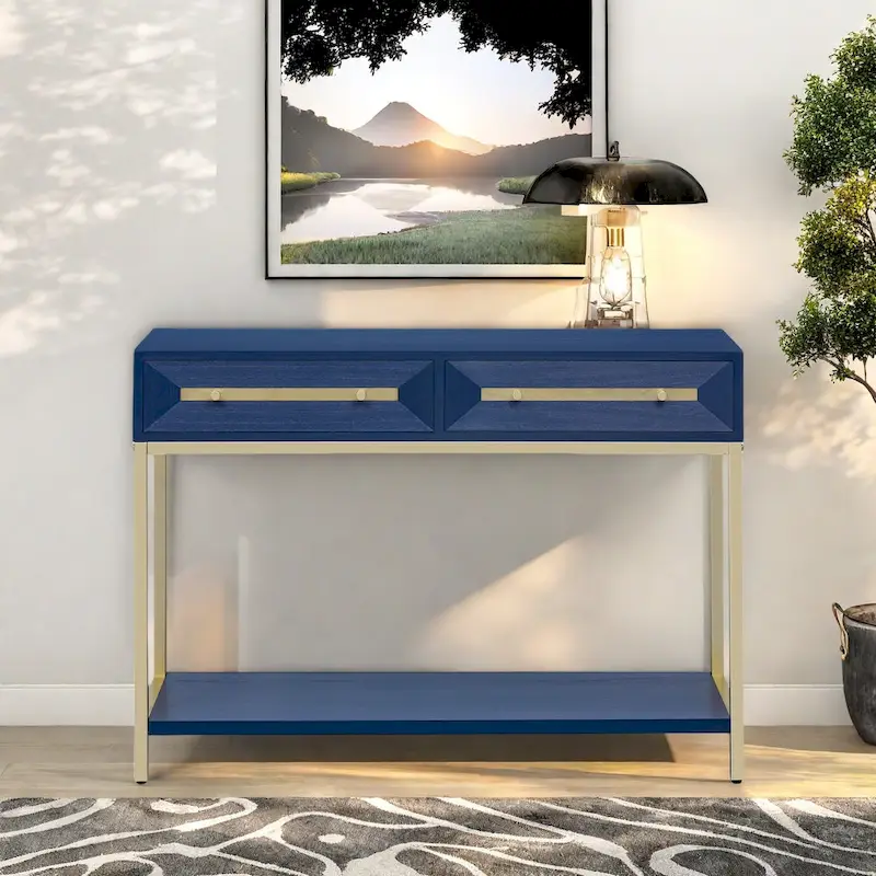 45.5 MDF Retro Console Table with Gold Accents, 2 Storage Drawers and Geometric Design
