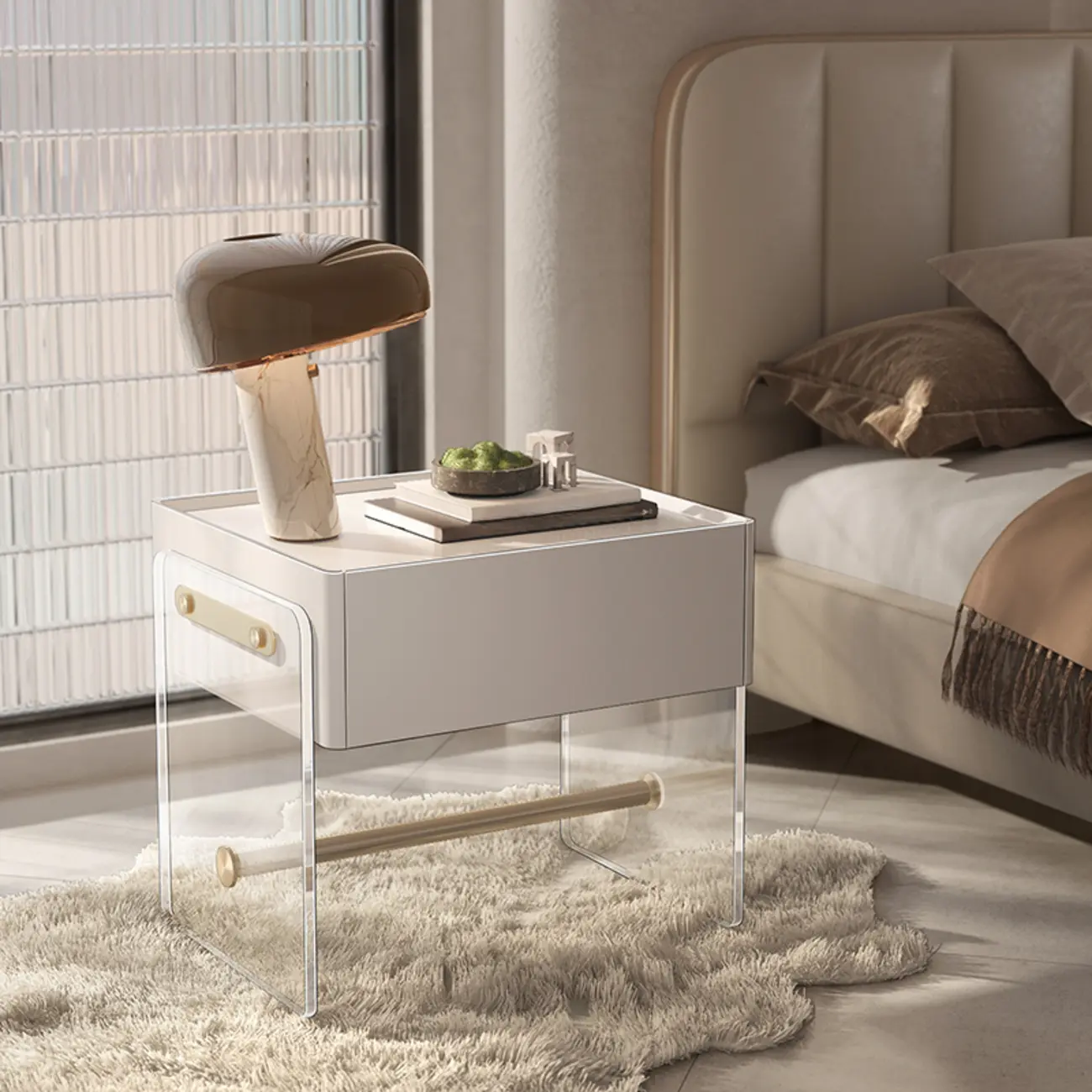 Modish White Acrylic 1-Drawer Nightstand with Shelf