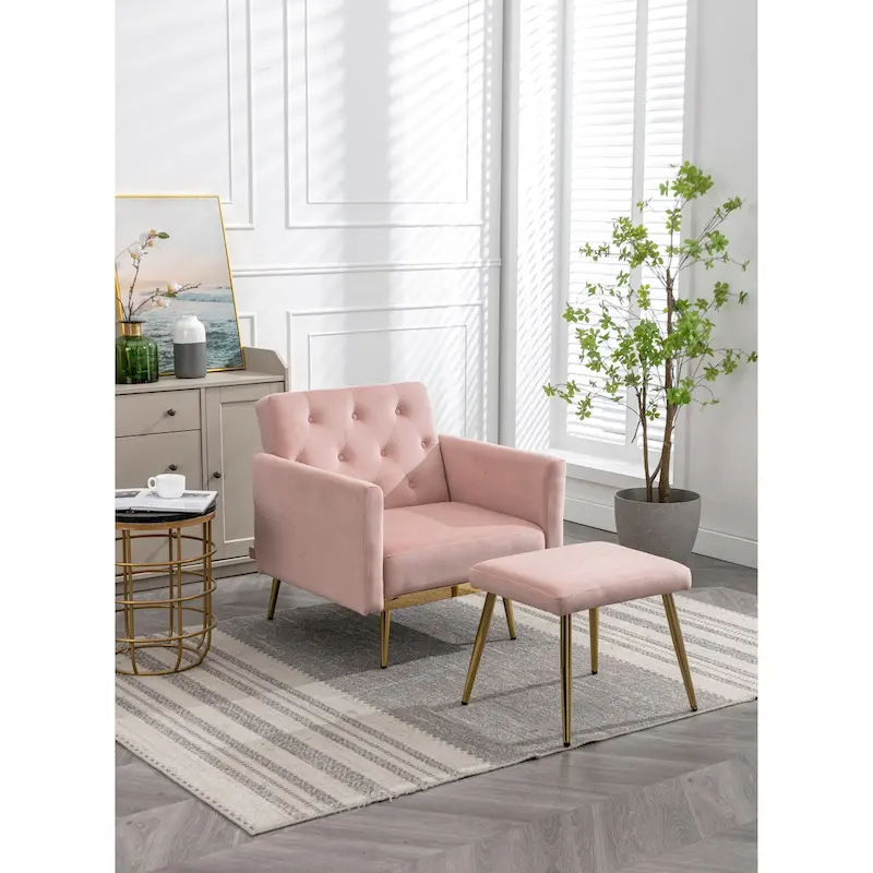 Velvet Accent Chair with Adjustable Armrests and Backrest, Button Tufted Lounge Chair, Single Recliner Armchair with Ottoman