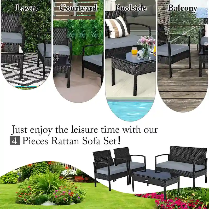 Costway 4PCS Patio Rattan Wicker Furniture Set Loveseat Sofa Cushioned