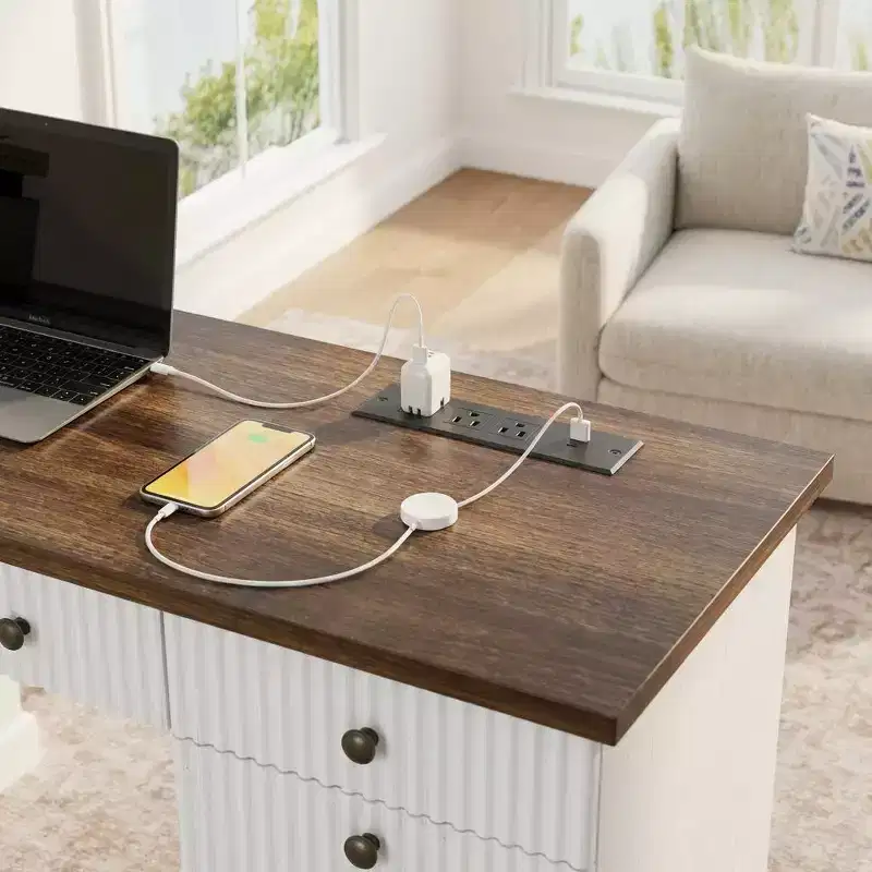 Fluted Wooden Home Office Desk with Drawers — White / Wood Color, Single Person