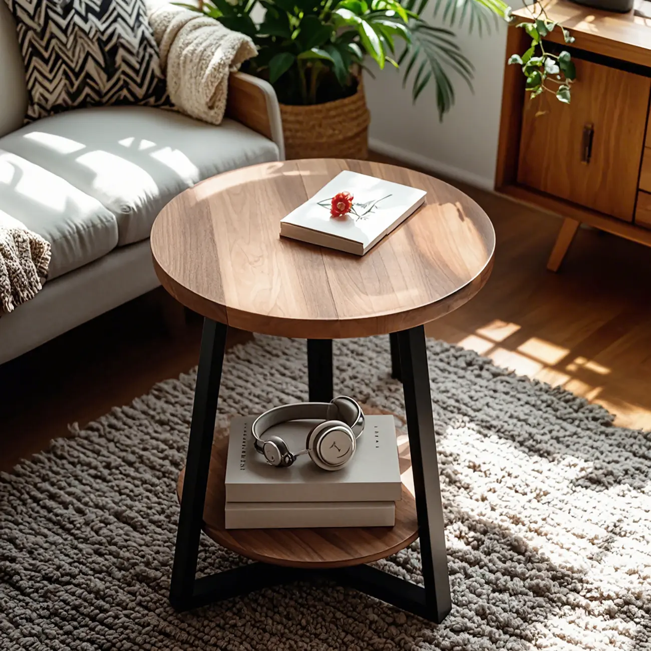 Modern Wooden Top Tray Coffee Table with Cross Legs & Shelf