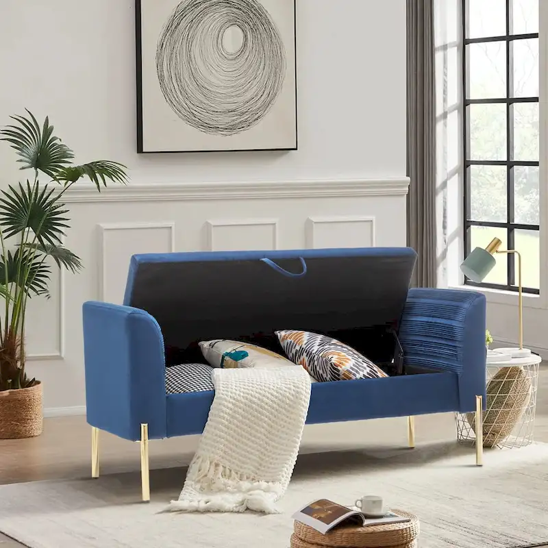 Storage Ottoman Bench, Upholstered Velvet Entryway Bench with Armrest & Large Storage Space for Living Room - 52inch