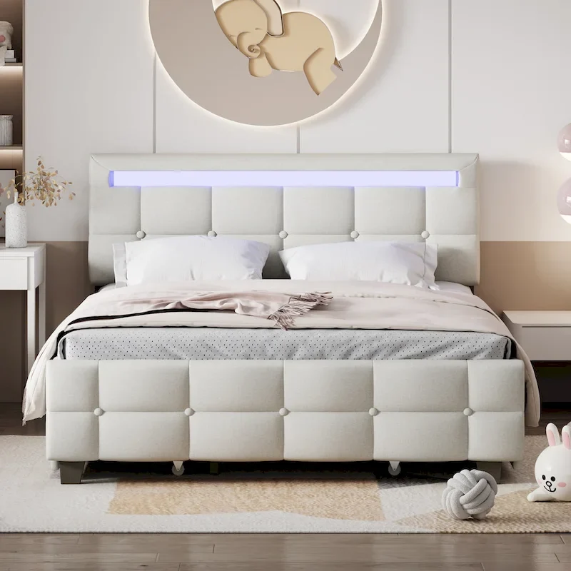 Queen Size Upholstered Platform Bed with LED Frame and 4 Drawers, Linen Fabric