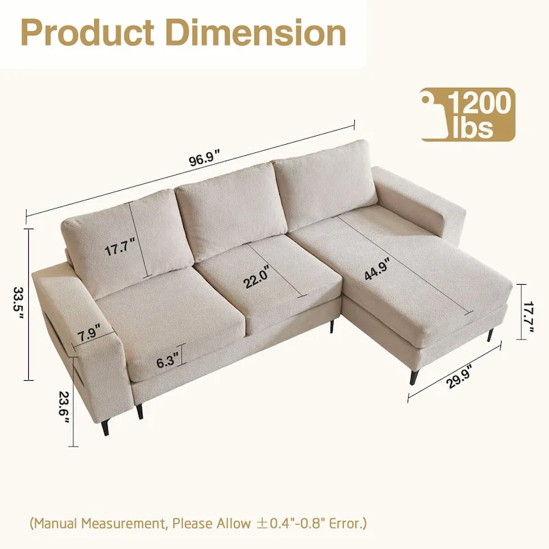 HOOOWOOO L-Shaped Upholstered Sofa Couch with Metal Legs