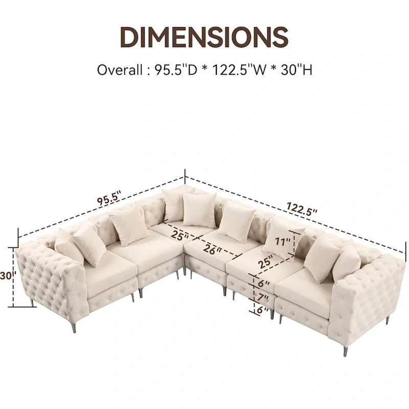 Large L-Shaped Modular Sofa, 6-Seat Velvet Sectional Couch