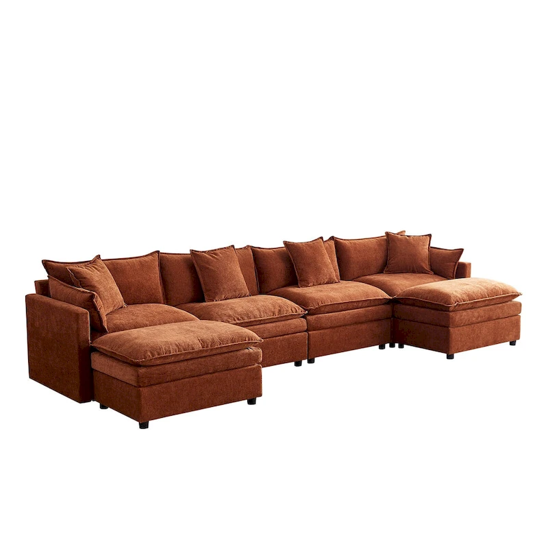 Spacious 142.52 U-Shaped Chenille Sectional Sofa with Double Cushions, Convertible Chaise and Ottomans